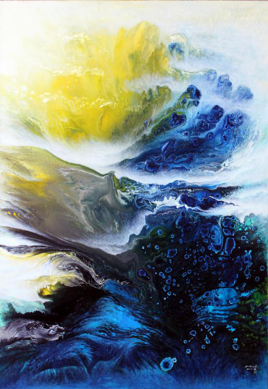 余先生用三十年时间,完成了他的漏痕画派的三个绘画体系,即:漏痕水墨、漏痕胶墨和漏痕彩墨。公元2013年9月,余先生的漏痕水墨和漏痕胶墨画两大体系已告完成,这两大体系在世界美术史中书写了二十一世纪世界美术转型与创造的历史篇章。然而余先生不满足于此,在他的心中一直有一个梦想,那就是让色彩代替水墨,使画面既保留中国画水墨的灵动韵味,同时最大程度的发挥色彩在画面组成中所表现的张力与裂变,充分注入西画的色彩与构成元素,使中国画的水墨韵味与油画的亮丽多彩充分融合。